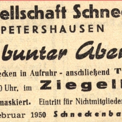 Großer Bunter Abend im Ziegelhof. Motto: "Schnecken in Aufruhr !".