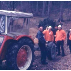 Der Baum hängt am Traktor.