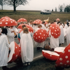 Jubiläums-Umzug der Giraffen in Wollmatingen: Die Schneckenburg im Pilzkostüm.