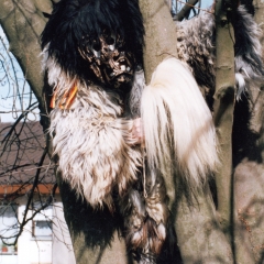 1. Fasnacht vom Schneckenbürgler Schneeschreck: Die ersten Masken auf der Strasse.