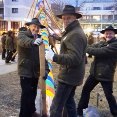 Narrenbaumstellen auf dem Gottmannplatz: Die Holzer aus Allensbach stellten den Baum routiniert.