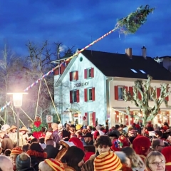 Narrenbaumstellen auf dem Gottmannplatz: Die Holzer aus Allensbach stellten den Baum routiniert.