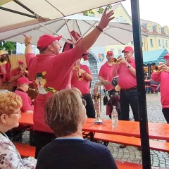 Seetorfest Dettingen: Die Clowngruppe beim Auftritt im strömenden Regen.