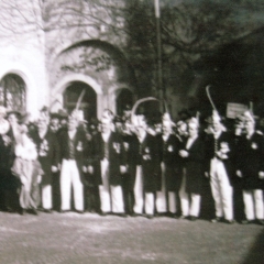 Der Elferrat beim Empfang der Narren im Rathaus. Fasnacht 1930.